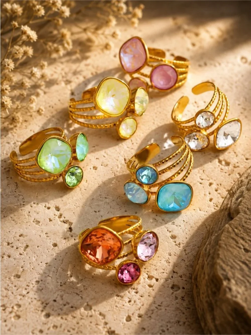 18 K Gold plated Stackable Ring Set with Peach, Lavender and Rose Stones